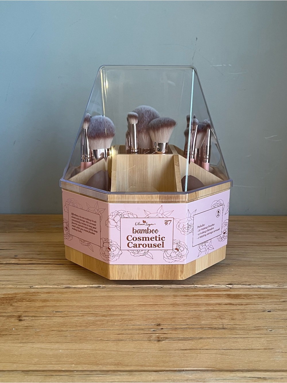 Bamboo Cosmetic Brush Carousel - Pink & Natural Wood